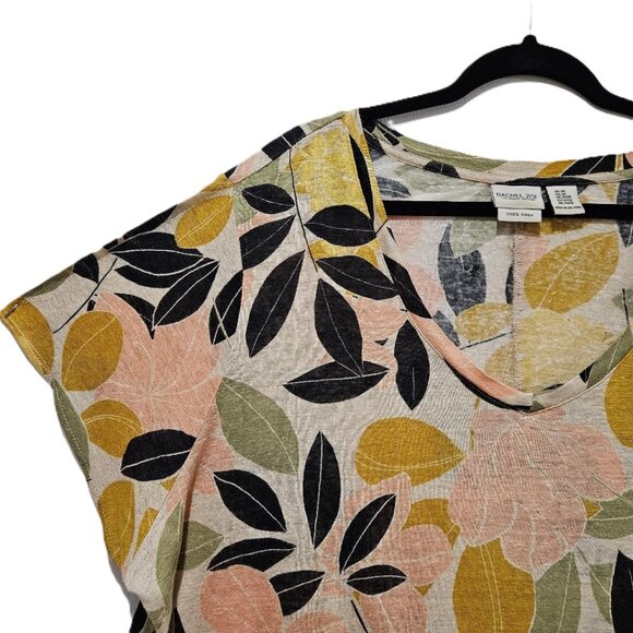 RACHEL ZOE LINEN BLACK GREEN GOLD LEAF PRINT V-NECK DESIGNER TOP  3X  larger fit - Picture 3 of 9